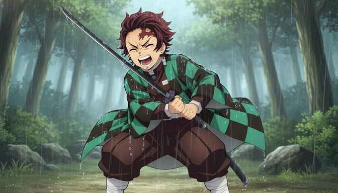 An anime swordsman standing in the rain in a forest clearing, sword raised, rain visibly streaking through the air around him, forest blurred and green behind him