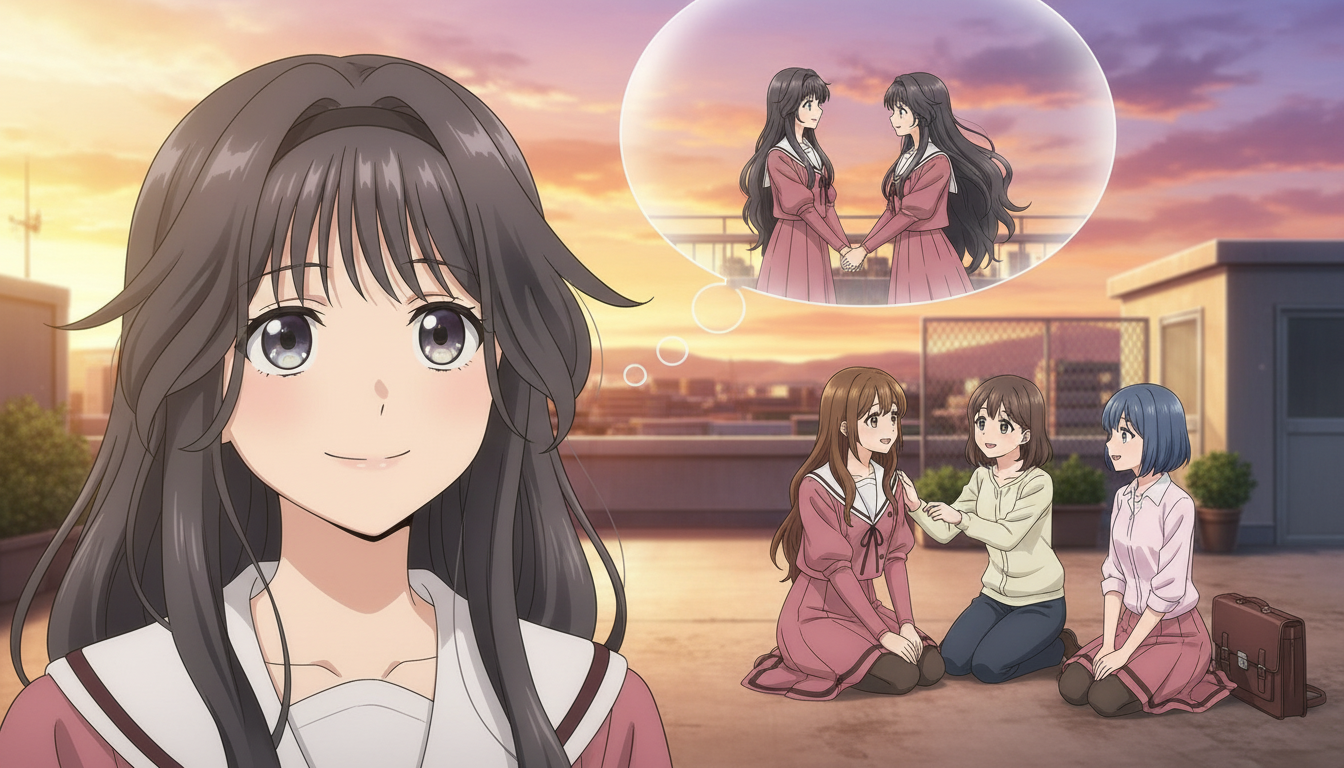 An anime girl with long dark hair in a pink dress mapping out character relationships on a whiteboard covered in color-coded bubbles and arrows