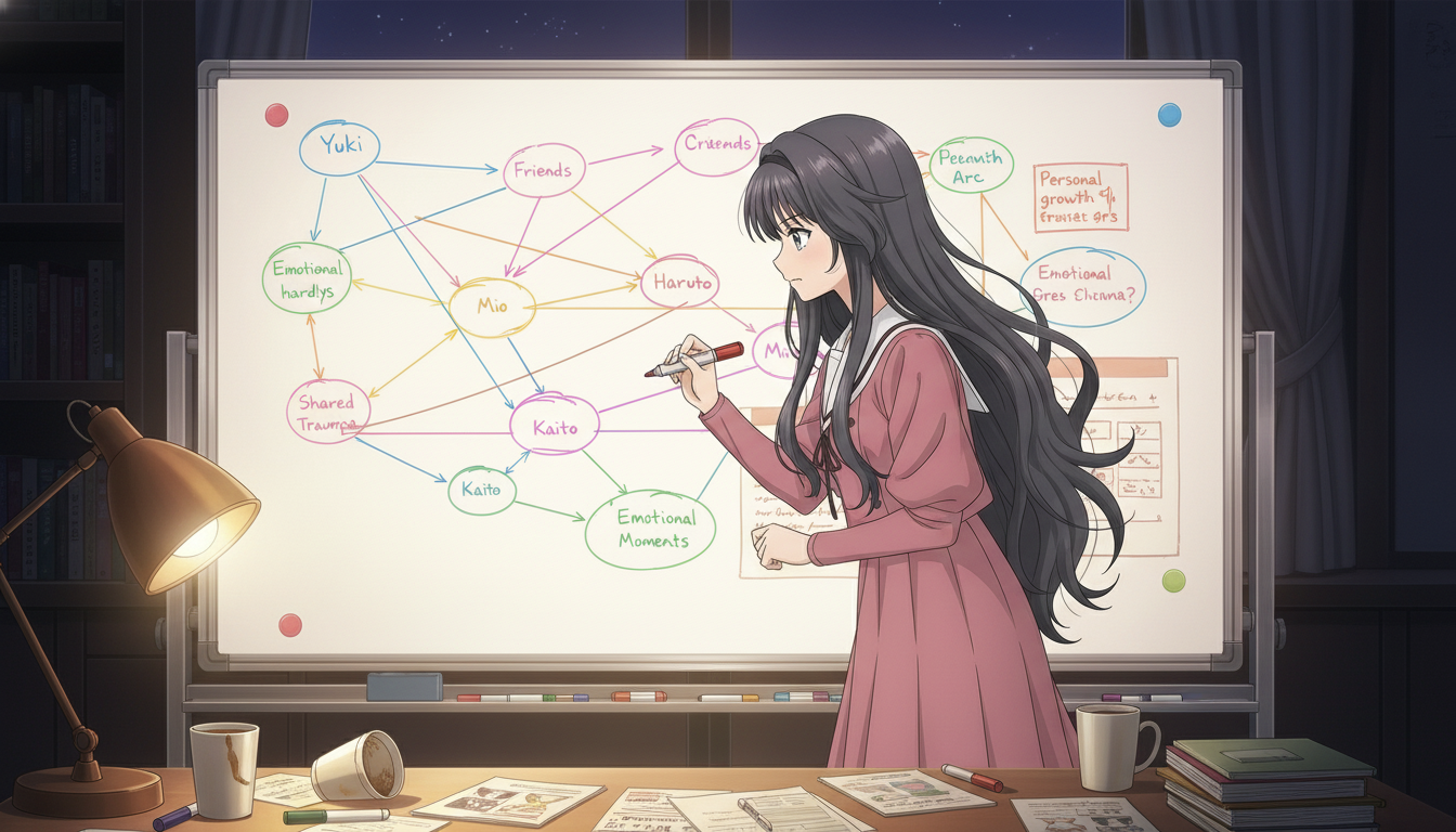 An anime girl standing on a school rooftop at sunset, daydreaming about a close moment with her friend, while two other girls sit nearby talking