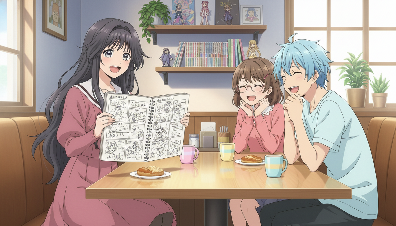 Three anime friends sitting in a cozy café booth, laughing together as one of them holds up a handmade storybook filled with character sketches