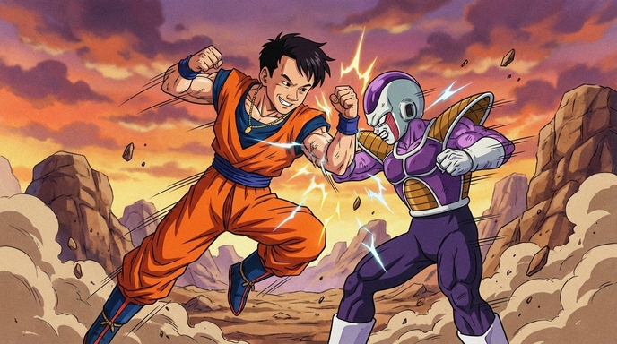 Shonen anime fight scene with two characters exchanging punches, electric energy crackling between their fists, a dramatic orange and purple sunset sky above rocky desert terrain