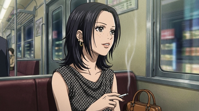 A young woman with dark hair sitting alone on a subway train, holding a cigarette, looking out the window with a contemplative expression, rendered in a realistic mature anime style