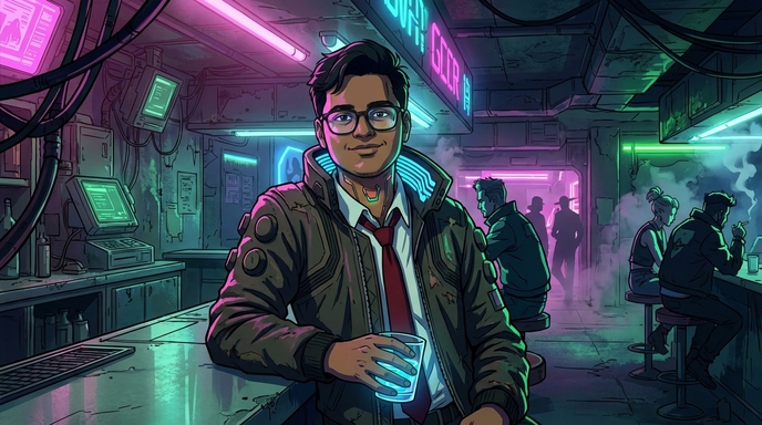 A young man with glasses smiling in a neon-lit cyberpunk bar, wearing a bomber jacket, pink and green neon signs glowing in the background, other patrons visible in the smoky depth of the scene