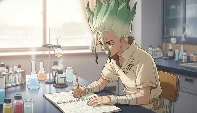 Anime character with spiky green-tipped hair sketching storyboard panels in a spiral notebook at a laboratory desk, surrounded by beakers and scientific glassware