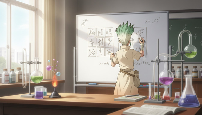 Anime character with green-tipped spiky hair drawing a three-by-three storyboard grid on a laboratory whiteboard, stick-figure panels surrounded by scientific formulas, beakers on the desk below