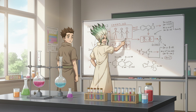 Two anime characters in a bright laboratory, one pointing at a whiteboard covered in stick-figure storyboard panels and chemical diagrams while the other watches attentively, colorful liquids in flasks on the foreground table