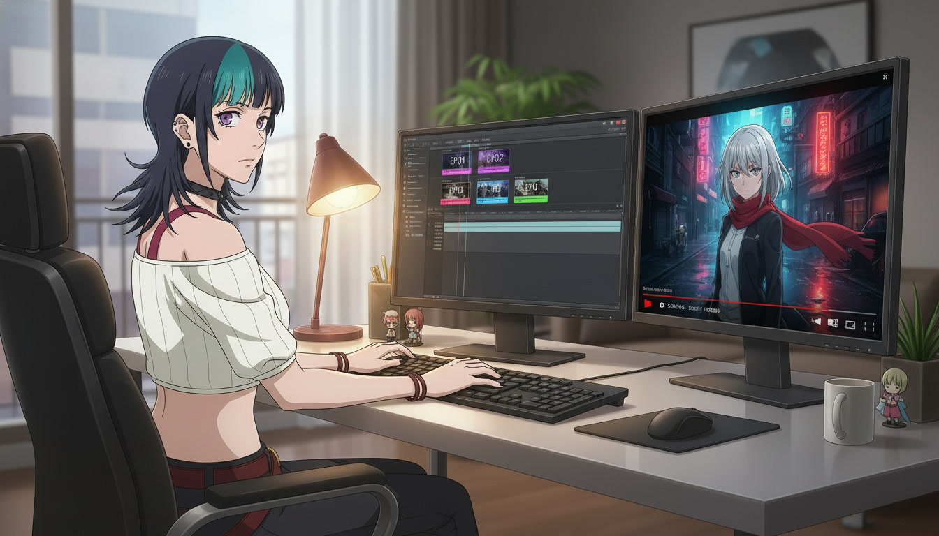 Anime video creator at a desk with dual monitors showing a timeline of four labeled Short clips EP01 through EP04 assembled into a long-form YouTube chapter preview of a silver-haired heroine
