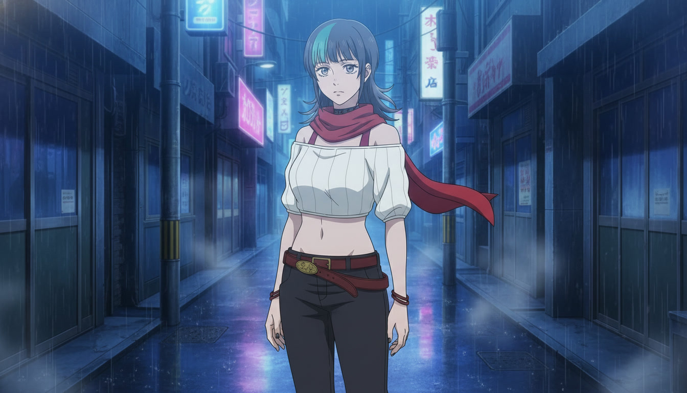Silver-haired anime heroine with steel gray eyes and red scarf in a neon rain alley at night, wide shot suitable for a chapter interstitial title card