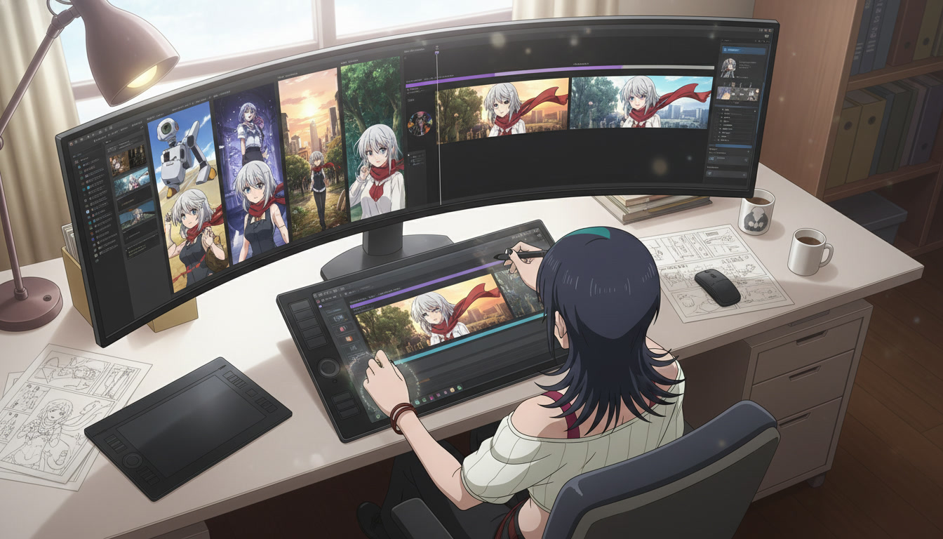 Over-the-shoulder view of an anime creator editing a timeline where eight vertical Short clips merge into one widescreen chapter with the same silver-haired heroine between transitions