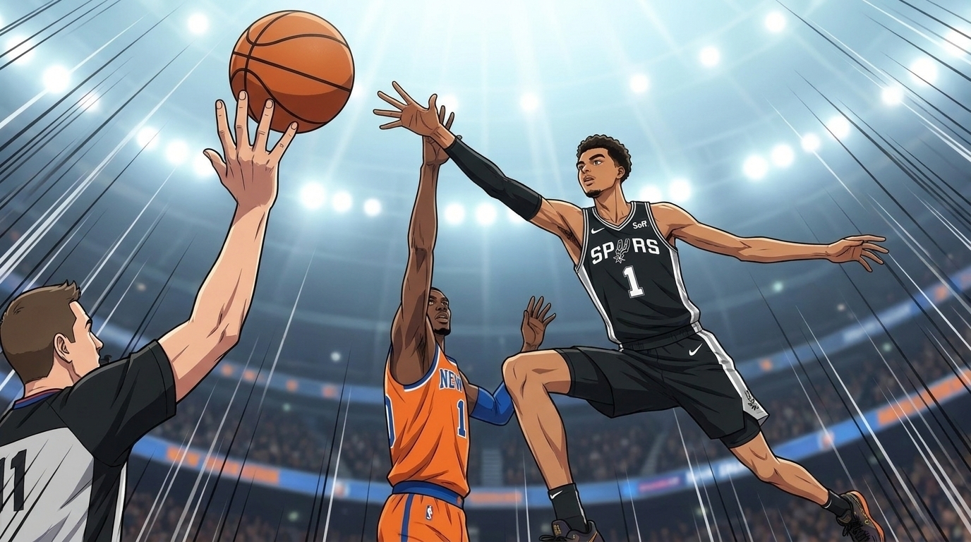 Anime basketball player in a Spurs jersey leaping to block a shot by an opposing Knicks player at tip-off, referee visible on the left, stadium crowd filling the background
