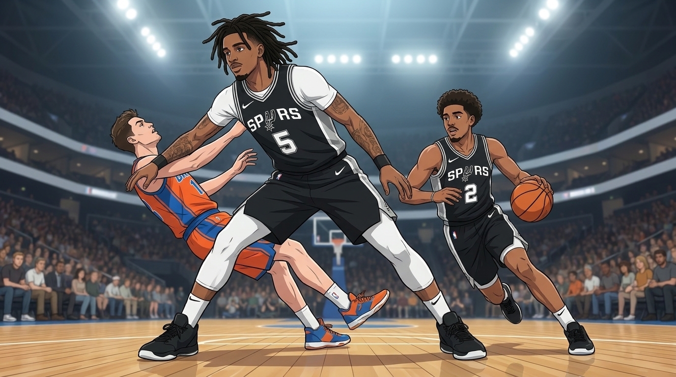 Three anime basketball players in a Spurs uniform in a defensive set on a hardwood court, a fourth player in an orange Thunder uniform being boxed out near the three-point line