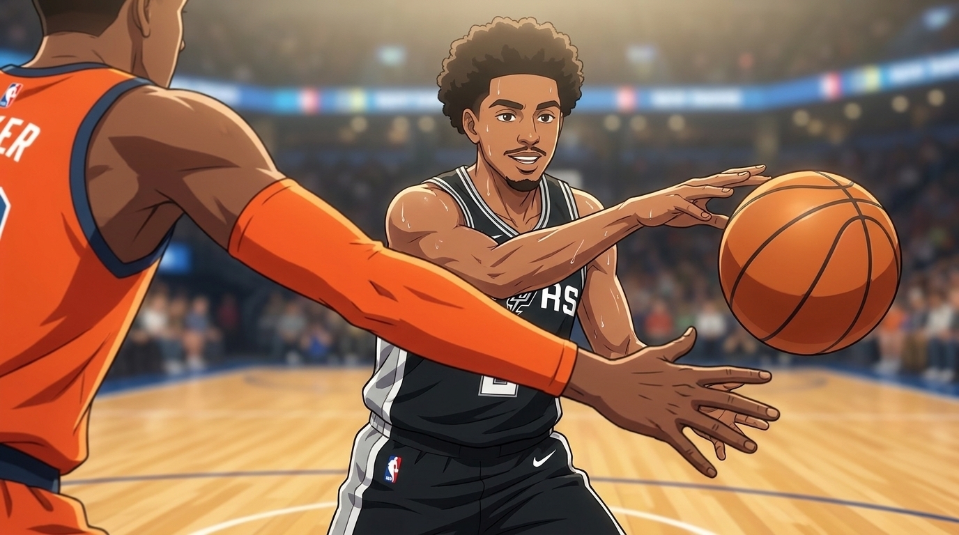Close-up of an anime basketball player in a Spurs jersey pulling back to pass the ball while an opposing player in an orange jersey reaches in for the steal, stadium crowd blurred in the background