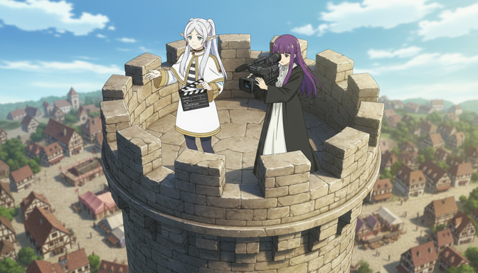 Two anime characters standing atop a tall stone tower, one holding a clapperboard and the other operating a professional video camera, a medieval-style town with tiled rooftops spread out far below them