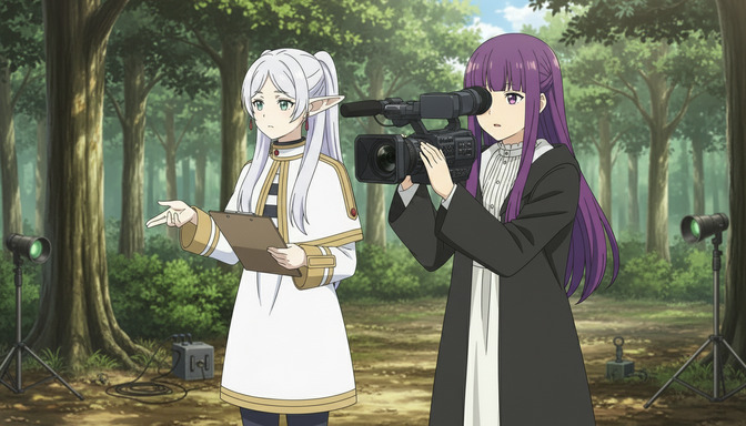 Two anime characters filming in a dense forest, one with a clipboard directing and the other operating a video camera, tall trees rising around them with light filtering through the canopy above