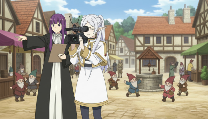 Two anime characters in a bustling medieval-style town square, one directing with a clipboard while the other peers through a video camera, small gnome-like townspeople visible in the background going about their day
