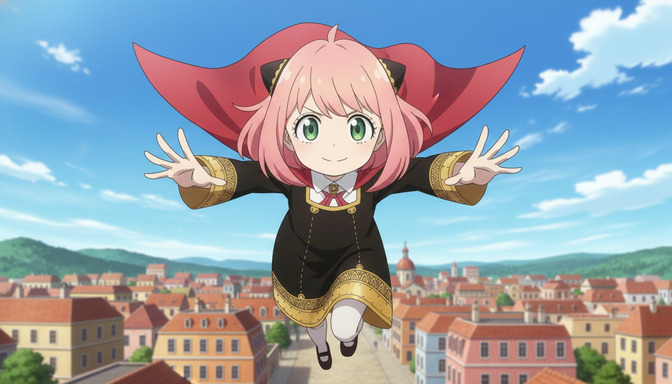 Pink-haired anime girl in a black witch's robe with a wide red hat, arms outstretched as she flies high above a sunlit European village