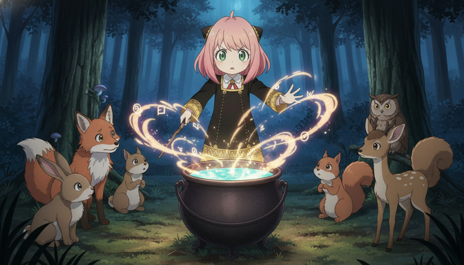 Pink-haired anime witch girl in a moonlit forest, casting a glowing magical spell over a cauldron while forest animals, a fox, rabbit, owl, squirrel, and deer, watch from the shadows