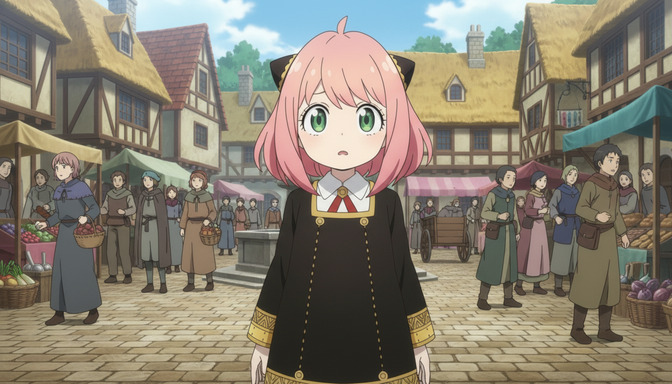 Pink-haired anime witch girl in a black robe standing alone in the center of a busy medieval marketplace, mouth slightly open, surrounded by villagers who are not looking at her