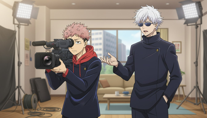 Two anime characters in an indoor film studio — one holding a professional video camera, the other directing with a clipboard, professional lighting rigs visible in the background