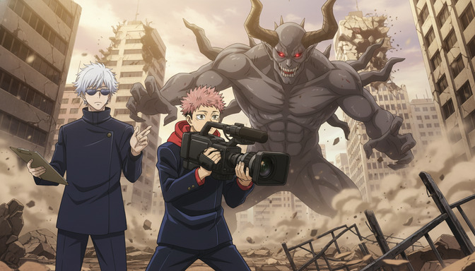 Two anime characters filming in a destroyed cityscape — one holding a camera steady while a massive horned monster looms behind them in the rubble