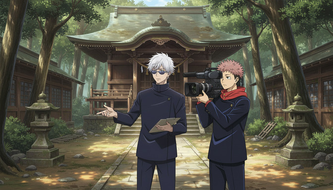 Two anime characters at a Japanese shrine, one holding a camera while the other gestures, tall trees and a traditional torii-style entrance visible in the background