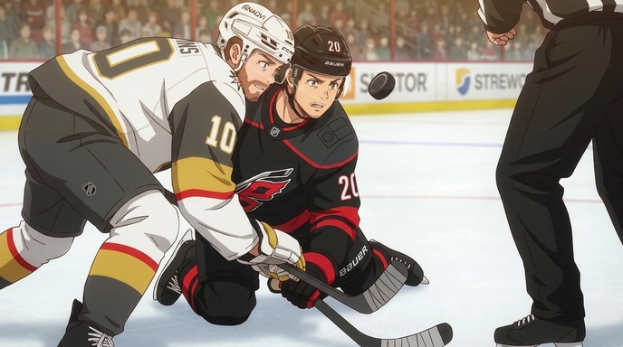 Anime hockey players in Carolina Hurricanes and Vegas Golden Knights uniforms facing off at center ice, puck dropping between them, referee visible at the edge of frame