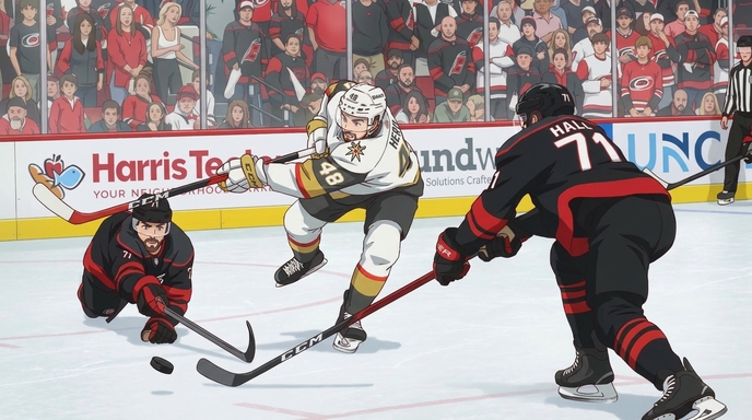 Anime hockey player in a Vegas Golden Knights uniform slipping past two Carolina Hurricanes defenders on a breakaway, stadium crowd visible in the background