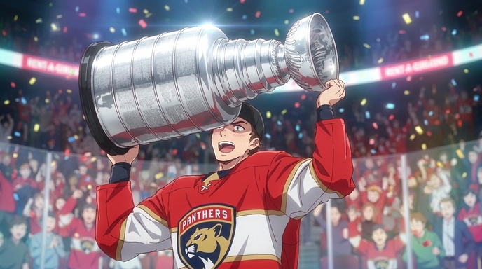 Anime hockey player in a Florida Panthers jersey raising the championship trophy overhead on the ice, confetti falling in a packed arena with fans visible throughout the stands