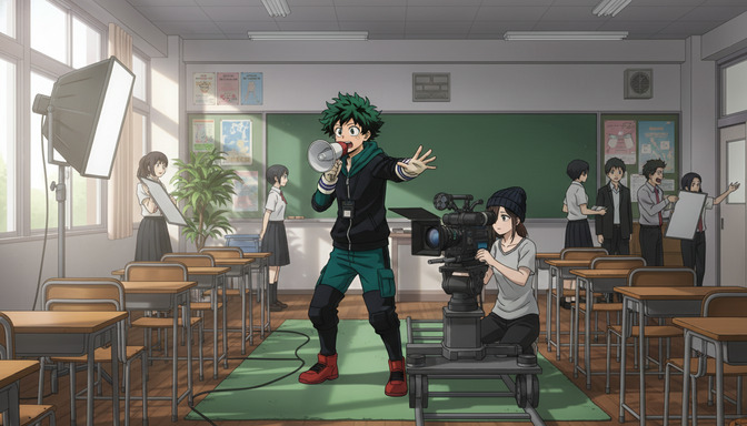 Anime director character with green hair directing a film crew in a classroom, holding a megaphone with camera equipment and lighting visible around him