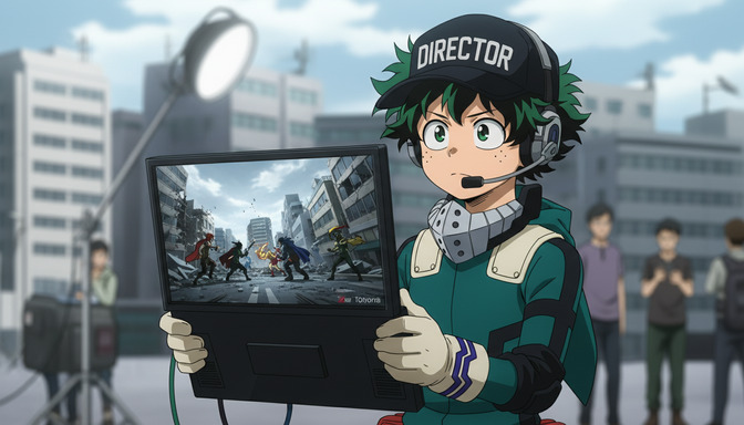 Anime director character with a 'DIRECTOR' cap holding a monitor screen showing a battle scene in a destroyed cityscape, looking at the playback with a film crew behind him