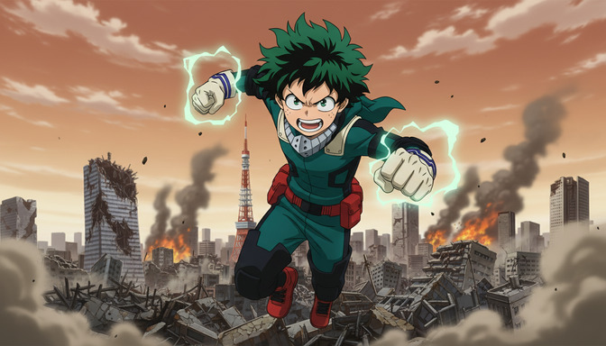 Low angle anime shot of a green-haired hero punching upward with lightning crackling around his fists, burning Tokyo cityscape and Tokyo Tower visible in the background below him