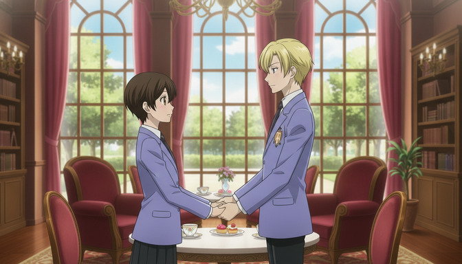 Two anime students in matching lavender school uniforms facing each other in an elegant library sitting room, holding hands across a small tea table with french windows and crimson curtains behind them
