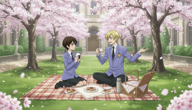 Two anime students in lavender school uniforms having a picnic under blooming cherry blossom trees in a manicured garden courtyard, the girl holding a small cup and the boy gesturing warmly