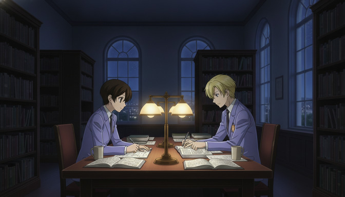 Two anime students studying side by side at a long library desk late at night, a warm desk lamp between them, books open, the city visible through the dark window behind them