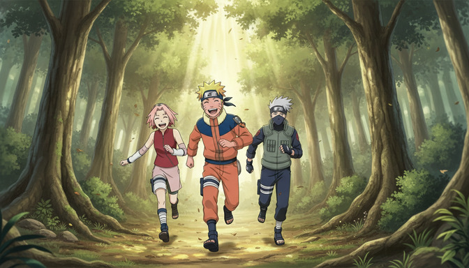 Three anime characters running through a sunlit forest, a spiky-haired protagonist in an orange jumpsuit in the center flanked by a pink-haired girl and a masked mentor figure