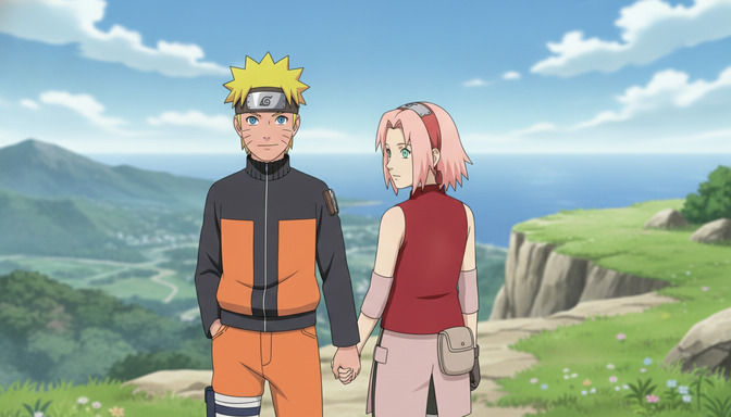 Two anime characters standing on a rocky cliff overlooking the ocean and mountains, holding hands, the protagonist in an orange jacket and the companion in a red vest