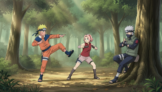 Three anime characters in a forest clearing, one doing a high kick, one in a fighting stance with fists raised, one sitting calmly against a tree watching them train