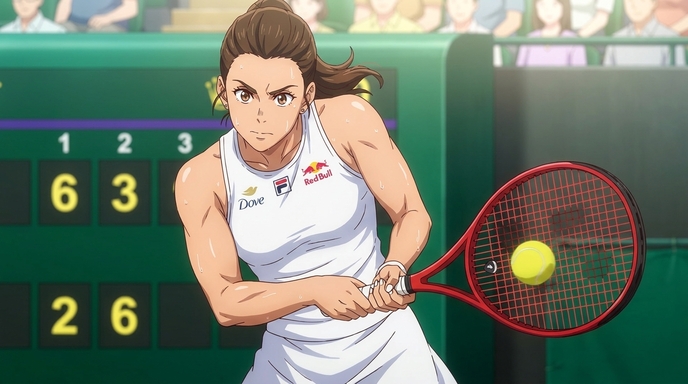 Anime female tennis player in a white FILA dress executing a two-handed backhand on a Wimbledon grass court, scoreboard showing a close set score, crowd and green tournament boards in the background