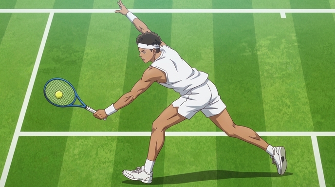 Anime male tennis player in a white Wimbledon kit lunging low to reach a wide forehand on a grass court, full extension, racket stretched toward the ball, the geometric lines of the court visible behind him