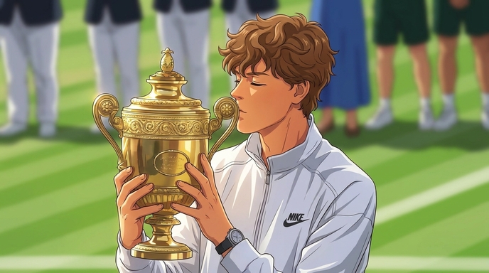 Anime male tennis player with curly brown hair kissing the Wimbledon championship trophy on the grass court, wearing a white Nike tracksuit, tournament crowd visible behind him in soft focus