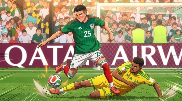 Anime soccer player in a green Mexico jersey numbered 25 dribbling past a sliding tackle from a South African player in yellow, stadium crowd and Qatar Airways advertising board in the background