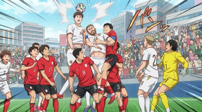 Anime soccer players in red national jerseys battling for a header against players in white uniforms, stadium crowd visible in the background with a bright sky, speed lines and impact marks emphasizing the collision