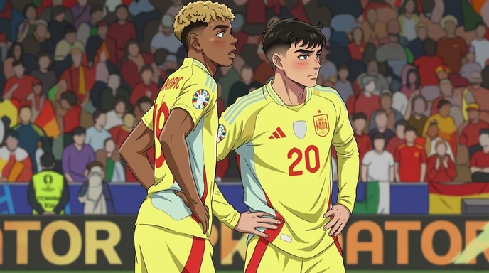 Two anime soccer players in matching yellow Spain national team jerseys standing side by side on the pitch, stadium crowd visible in the background, both wearing the Adidas national team kit