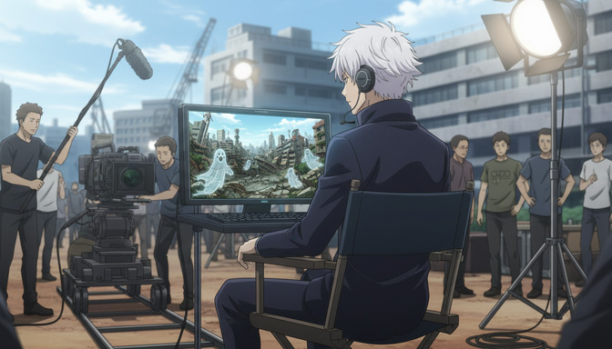 White-haired anime director sitting at a monitor on an outdoor film set, a ruined cityscape with floating ghosts visible on screen, camera crew and equipment surrounding him