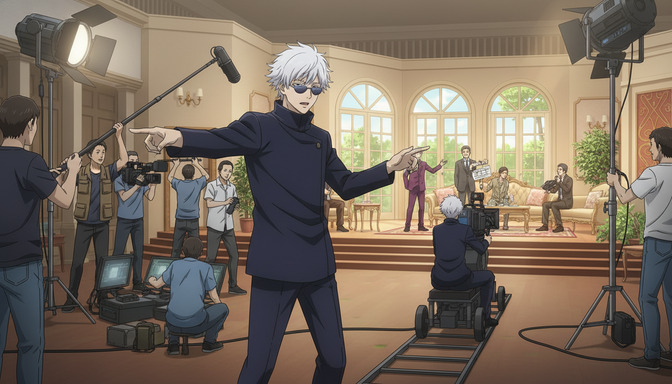 White-haired anime director in sunglasses gesturing broadly while directing a film crew on an interior set, camera equipment and crew members surrounding him