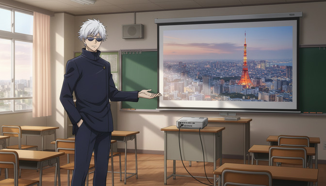White-haired anime character presenting in a classroom, a projected wide-shot image of the Tokyo Tower cityscape filling the screen behind him