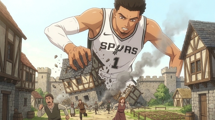 An impossibly tall anime basketball player in a Spurs jersey towering over a medieval European village, crushing a stone building with one hand as panicked villagers flee below, rendered in Attack on Titan style