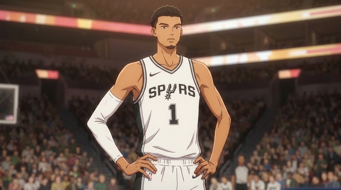 An anime basketball player in a white Spurs jersey standing alone on a hardwood court in a packed stadium, hands on hips, expression calm and composed, warm stadium lighting overhead