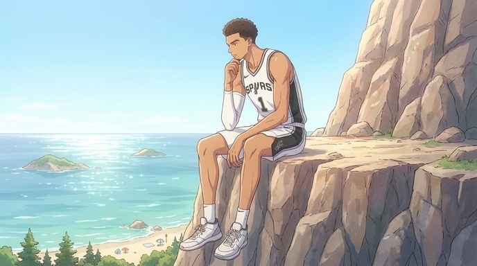 An anime basketball player in a Spurs jersey sitting alone on a rocky coastal cliff, one knee drawn up, hand resting on his chin in thought, turquoise ocean stretching to the horizon behind him