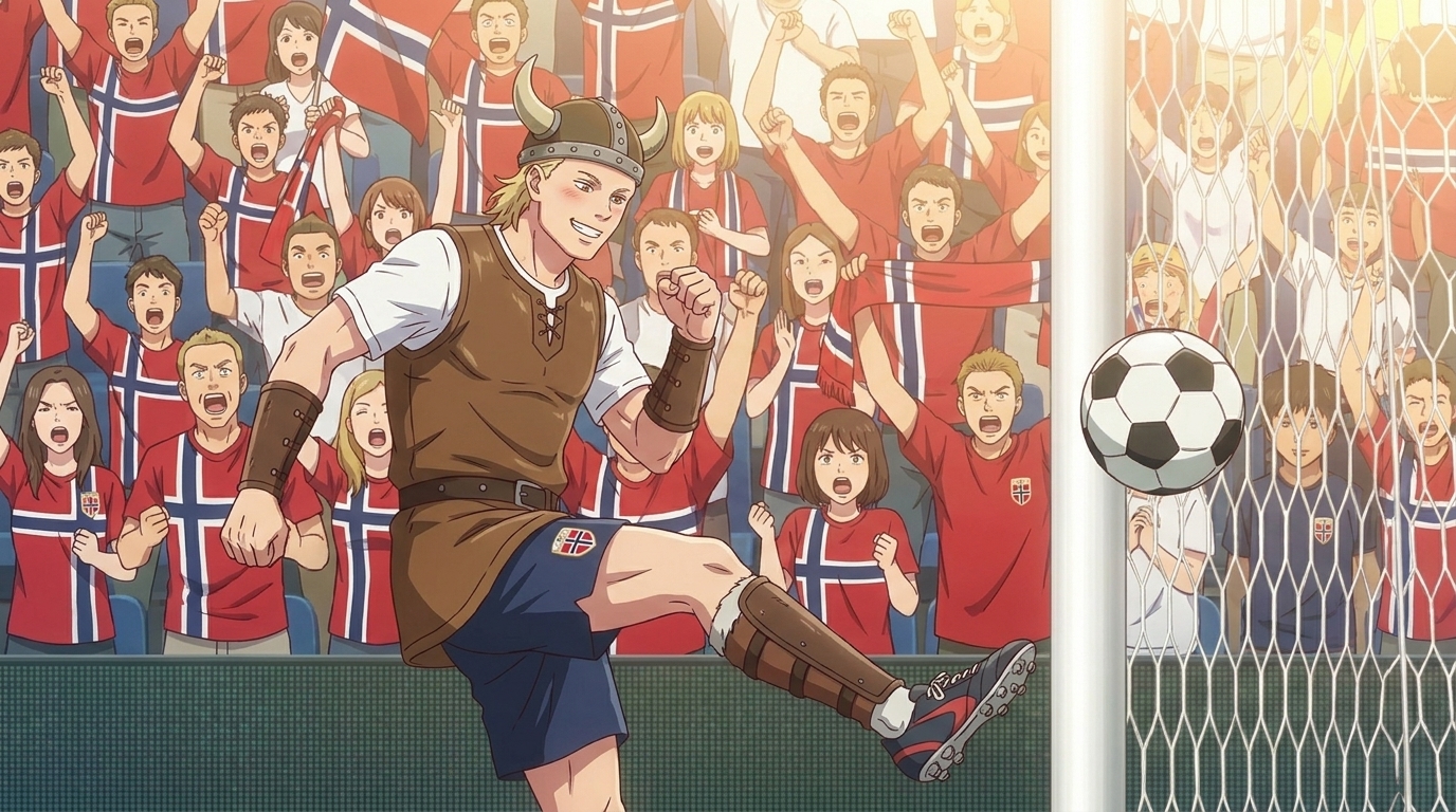An anime Norway soccer player in a viking helmet and team kit kicking a ball into the goal, stadium packed with Norway fans waving flags, dynamic action composition